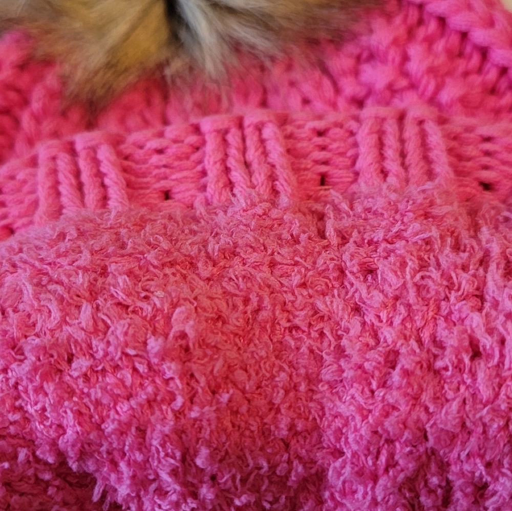 C.C. Hot Pink Knit Women's Beanie with Faux Fur Pom Pom - Picture 4 of 5